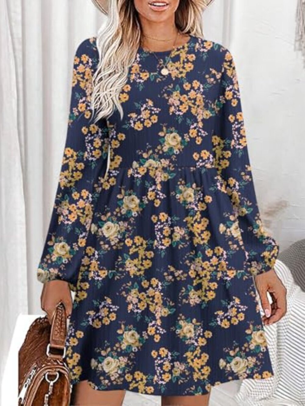 🆕 Women's Casual Knit Sweater Dress with Pockets Crew Neck Long Sleeve A-Line - Picture 3 of 4